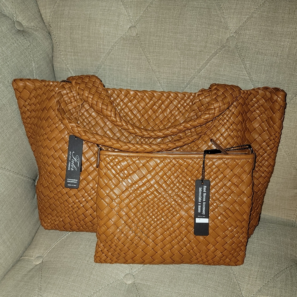 NWT Falor Firenze "Intrecciato" Hand Woven Leather Tote & Crossbody-to-Clutch